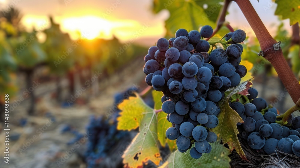 Naklejka premium Grapes ripening on the vine during sunset in a vineyard showcasing a beautiful landscape and a rich harvest season