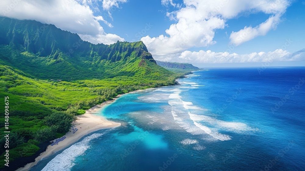 Aerial view of scenic Ka'a'awa Beach with lush greenery and waves, Hawaii, United States. Aerial view of scenic Ka'a'awa Beach with lush greenery and waves, Hawaii, United States.