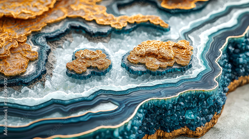 Fototapeta premium Abstract agate slice with gold and blue crystals.