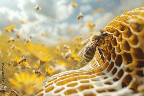 a honey bee resting on a yellow and white striped beehive entrance, with bees buzzing around and a field of yellow flowers in the distance.