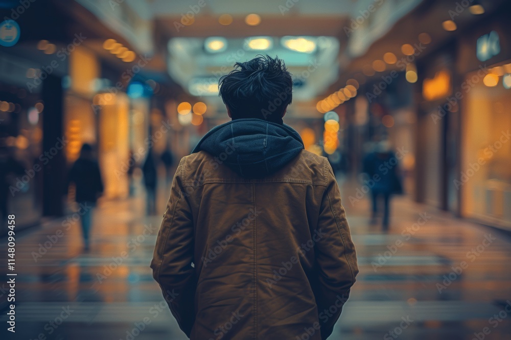 Obraz premium Person walks alone through a bustling shopping mall during evening hours while others move in the background