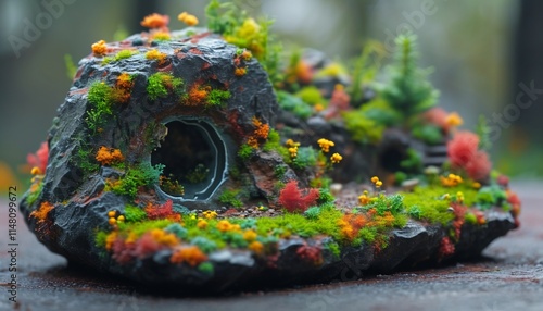 Vibrant miniature landscape adorned with colorful flora on a textured rock under soft natural light in a serene environment. Generative AI