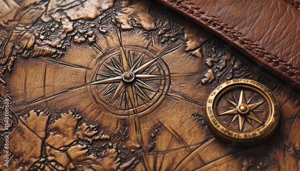 Intricate Travel-Themed Embossed Leather with Compasses and Maps Intricate Travel-Themed Embossed Leather with Compasses and Maps