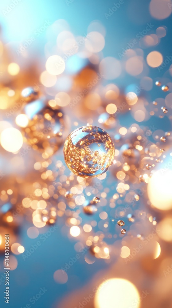 Abstract golden spheres floating on a blue background. Abstract golden spheres floating on a blue background.
