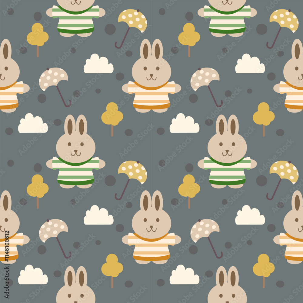 Obraz premium Rabbit cartoon so cute. On umbrella tree cloud gray background. Pattern seamless vector illustration. 