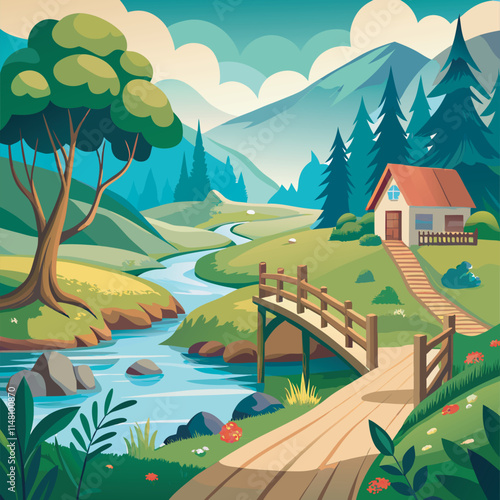 Vibrant illustration of a peaceful countryside