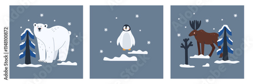 Arctic animal. Polar bear. Northern cute inhabitant. Character in snow forest. T-shirt print, card or poster. Childish and baby decorative cute cartoon flat isolated north wildlife fauna illustration