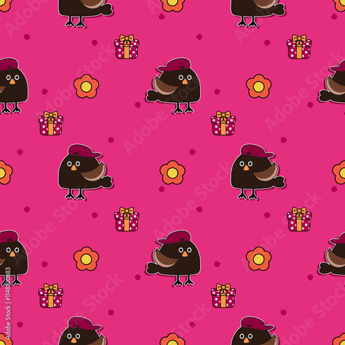 Black bird cartoon so cute. On flower gift pink background. Pattern seamless vector illustration. 