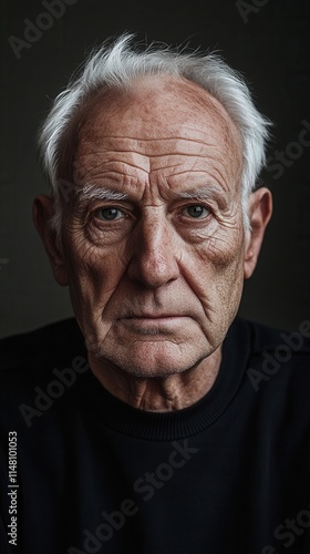 Elderly man with grey hair and intense expression against dark background showcasing depth and character