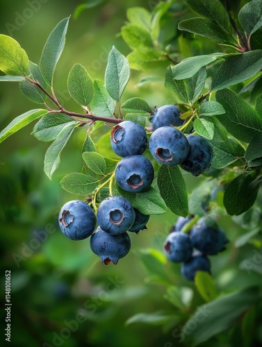 Fresh Blueberries on Branch Surrounded by Green Leaves