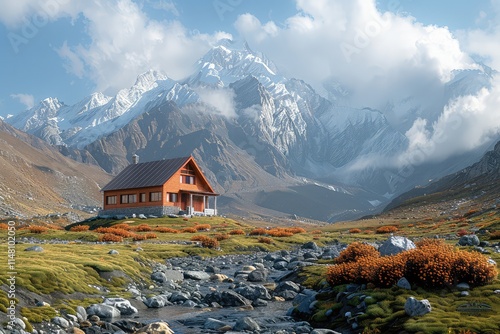 A house in a valley with a mountain in the background