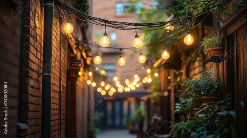 Wallpaper Mural Romantic Brick Alleyway Evening String Lights Plants Cozy Ambiance Torontodigital.ca