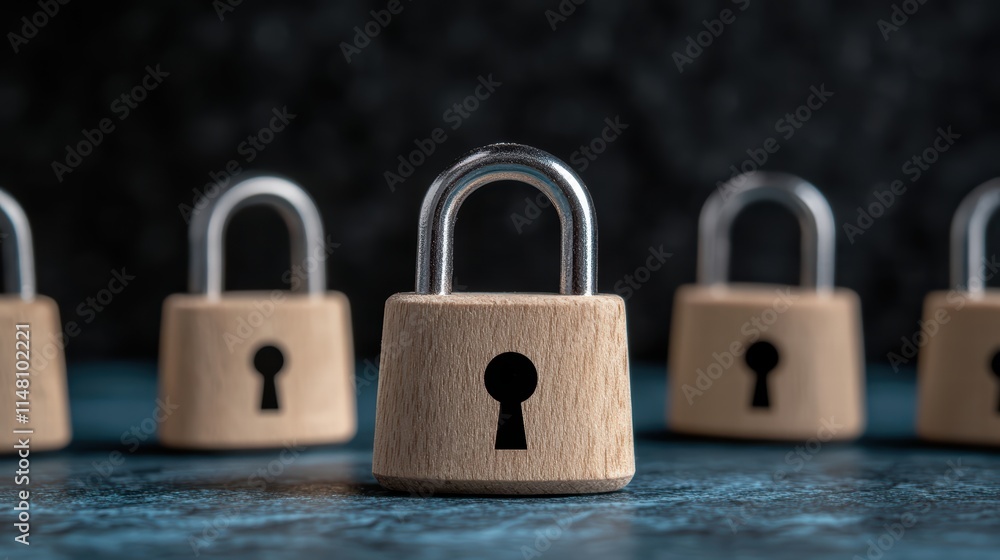 Fototapeta premium Wooden padlocks arranged on a blue surface with dark background