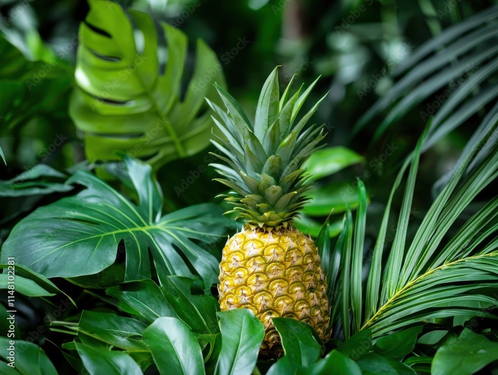 Fresh Pineapple Surrounded by Lush Tropical Greenery and Leaves Fresh Pineapple Surrounded by Lush Tropical Greenery and Leaves