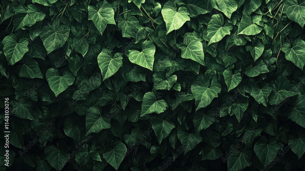 Lush greenery of ivy leaves perfect as background for various applications dense foliage with rich texture and intricate pattern creates wall of vibrant green Lush greenery of ivy leaves perfect as background for various applications dense foliage with rich texture and intricate pattern creates wall of vibrant green
