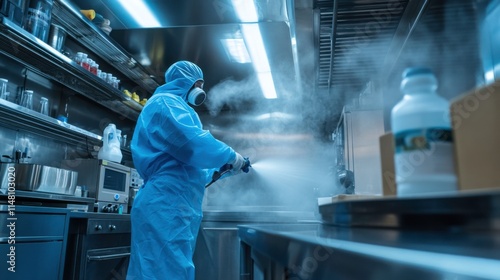 Worker in Blue Hazmat Suit Disinfecting Kitchen Counter