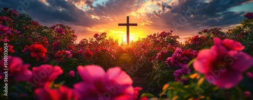 Sunset, beautiful cross in the distance with vibrant pink and red flowers, Ascension Day, cinematic photography