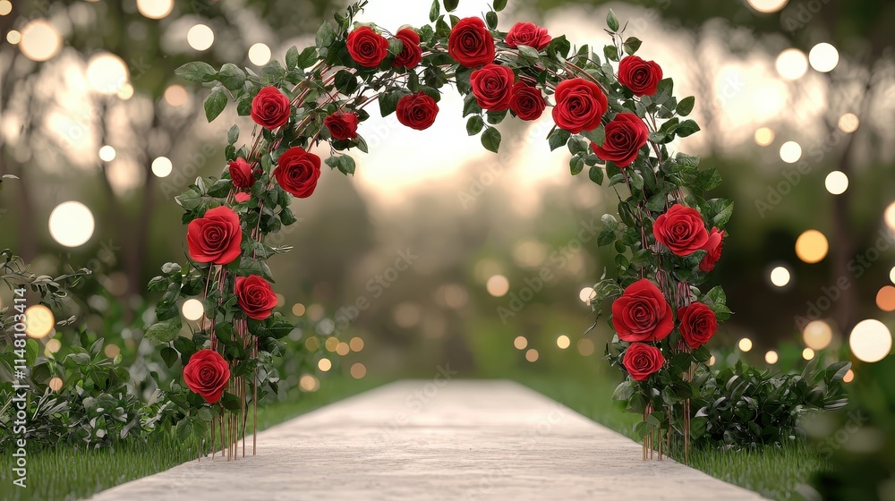 Fototapeta premium Romantic Rose Archway with Lush Greenery and Soft Blurred Background for Wedding Decoration