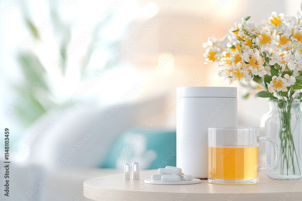 A bedside table featuring magnesium supplements, a calming tea mug, a blue light-blocking lamp, and a sleep tracker, promoting the essentials for a great night. Generative AI A bedside table featuring magnesium supplements, a calming tea mug, a blue light-blocking lamp, and a sleep tracker, promoting the essentials for a great night. Generative AI
