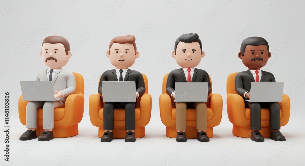 3D team of professionals seated in orange modern chairs 3D team of professionals seated in orange modern chairs
