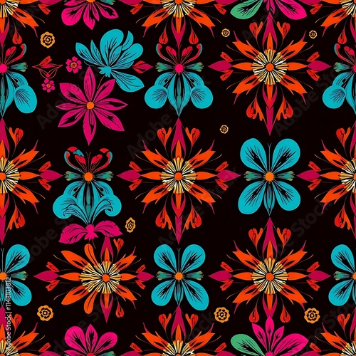 Vibrant Floral Pattern:  A captivating seamless pattern of colorful flowers and intricate designs, bursting with life and energy, set against a dark background. photo