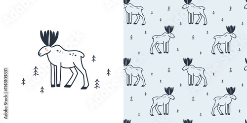 Arctic animals seamless pattern. Doodle elk. Northern cute inhabitants. Textile, wrapping paper, wallpaper design. Print for fabric Cartoon flat isolated north fauna background