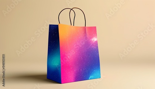 Colorful blank paper bag mockup displayed on a neutral background ideal for branding and design projects photo