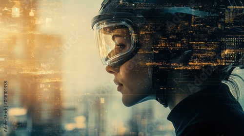 Profile view of a person in safety helmet and goggles against an abstract city environment with copy space available. Generative AI photo