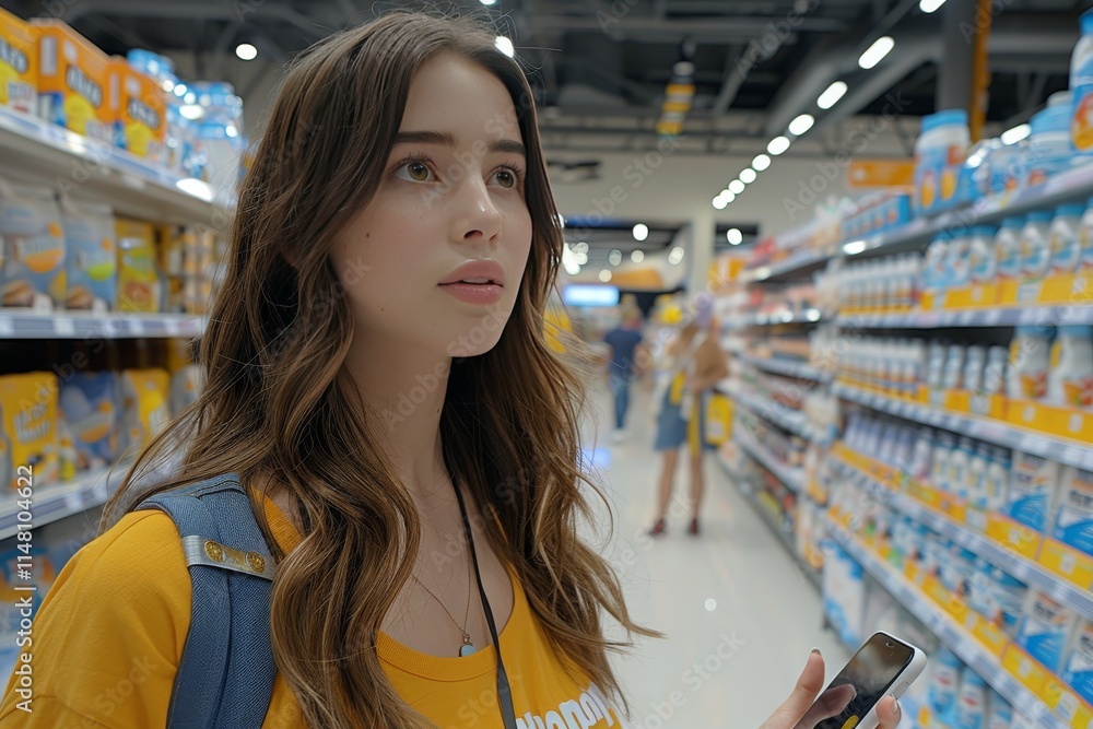Young woman shopping in a bright grocery store aisle while browsing products on her smartphone Young woman shopping in a bright grocery store aisle while browsing products on her smartphone