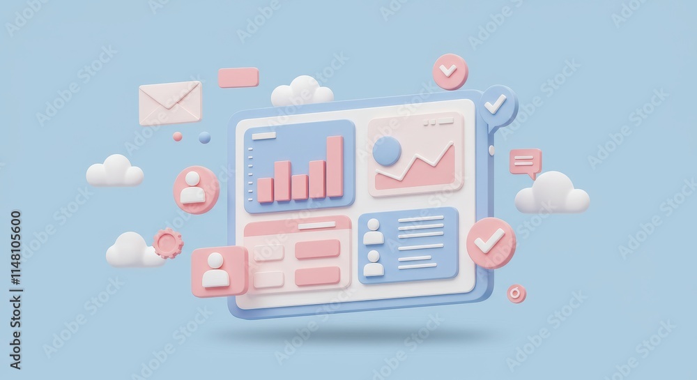 3D tablet displaying a business analytics dashboard with bar charts, user icons, and text boxes in pastel pink and blue tones 3D tablet displaying a business analytics dashboard with bar charts, user icons, and text boxes in pastel pink and blue tones