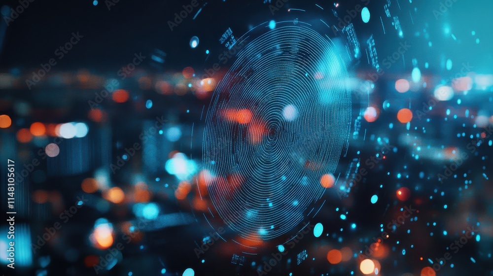 Obraz premium Abstract glowing id fingerprint web protection and security interface on blurry blue bokeh city background with mock up place. Identification, cybersecurity and privacy concept. Double exposure