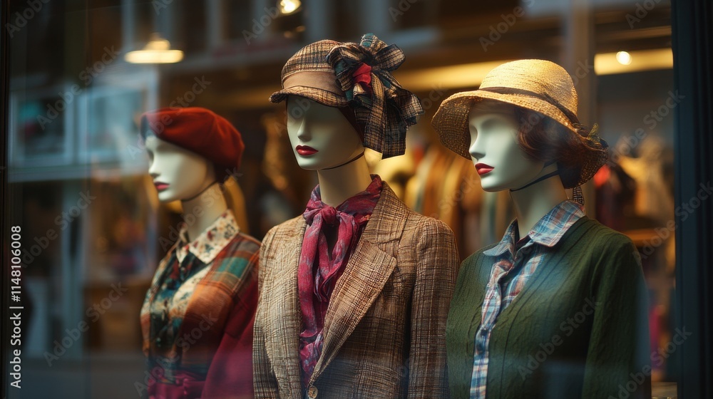 Obraz premium Vintage Fashion Mannequins Displaying Hats and Autumn Clothing