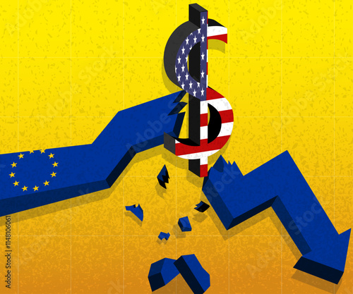 Dollar currency sing break european union euro money economic arrow. Concept of crisis, competition tensions, tax, tariffs, trade, partnership, sanctions, duties partnerships between US and Europe.