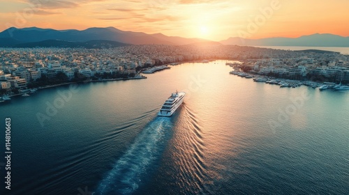 Aerial drone photo of luxury yacht cruising Saronic gulf near famous marina of Zea, Piraeus, Attica, Greece photo