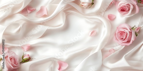 Fototapeta Naklejka Na Ścianę i Meble -  Delicate pink roses and petals on creamy silk fabric