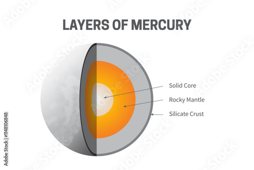 Layers of Mercury - Solid Core, Rocky Mantle and Silicate Crust Infographic Illustration