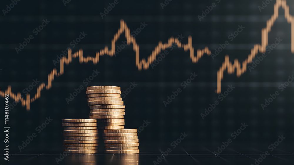 Stacks of coins and financial graphs on a black background, symbolizing wealth, investment, and economic growth.
Stacks of coins and financial graphs on a black background, symbolizing wealth, investment, and economic growth.