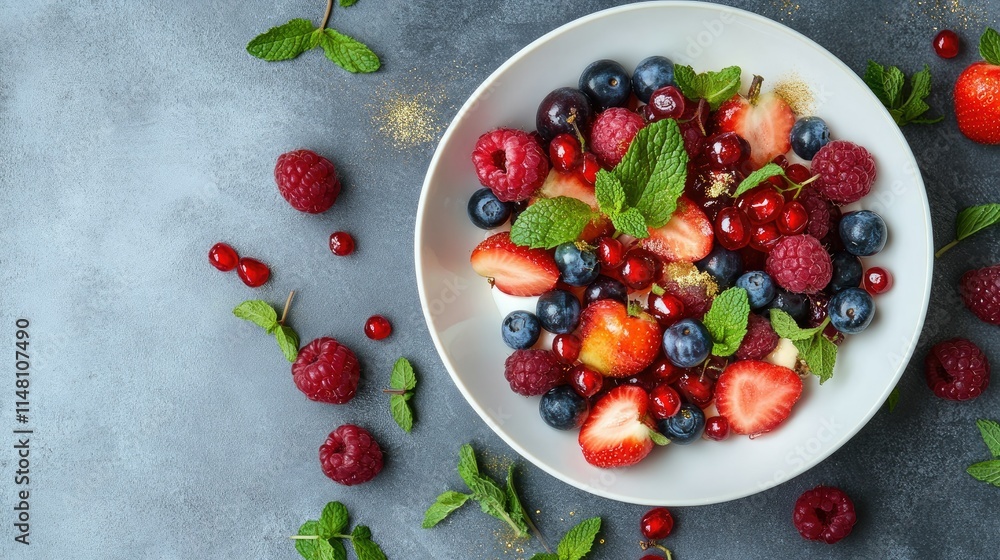 Fresh and Colorful Berry Salad with Mint Leaves on Gray Background Fresh and Colorful Berry Salad with Mint Leaves on Gray Background