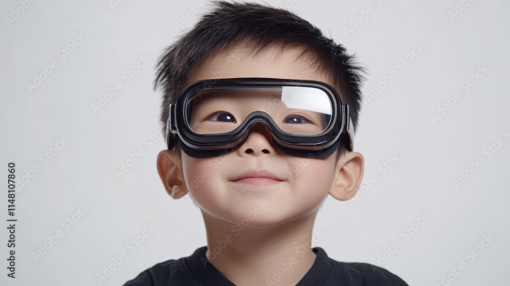 Asian Chinese little boy experiencing virtual reality eye glassses in isolated background Asian Chinese little boy experiencing virtual reality eye glassses in isolated background