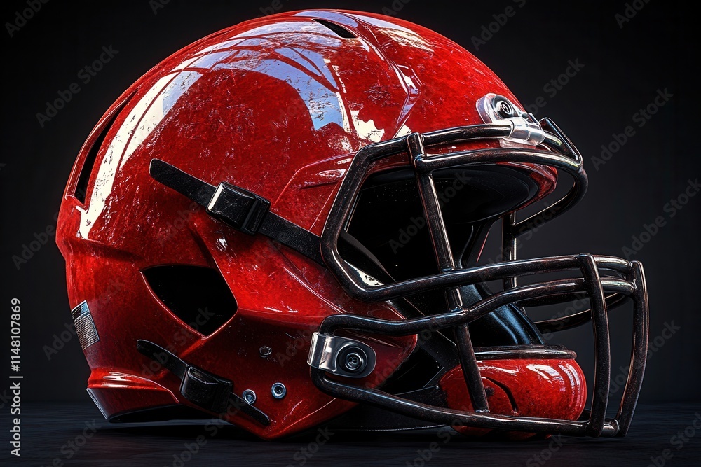 A shiny red football helmet displayed against a dark background. A shiny red football helmet displayed against a dark background.