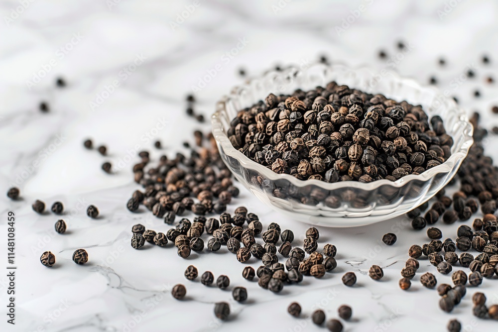 Black pepper seeds in a decorative bowl scattered on a marble surface with a focus on natural texture and contrast Black pepper seeds in a decorative bowl scattered on a marble surface with a focus on natural texture and contrast