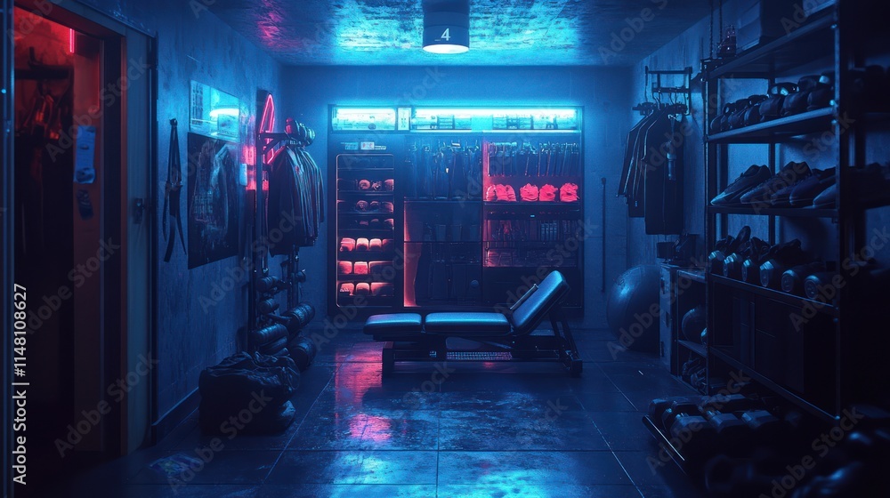 Neon-lit gym changing room with equipment and clothing. Neon-lit gym changing room with equipment and clothing.