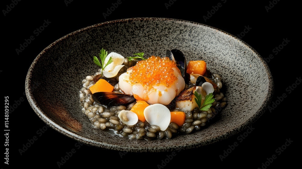 Gourmet Seafood Dish with Squid Ink Risotto and Fresh Vegetables Gourmet Seafood Dish with Squid Ink Risotto and Fresh Vegetables