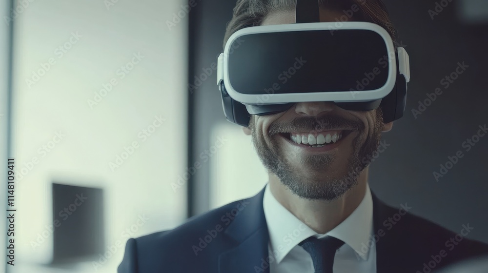 business, technology and augmented reality concept - smiling businessman with vr headset at office business, technology and augmented reality concept - smiling businessman with vr headset at office