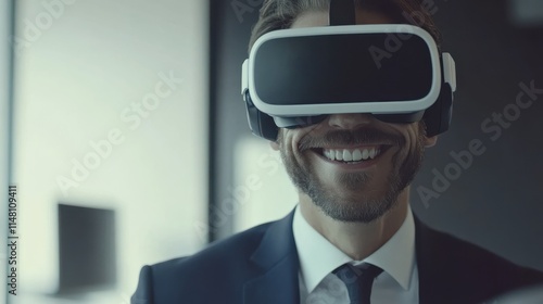 business, technology and augmented reality concept - smiling businessman with vr headset at office photo