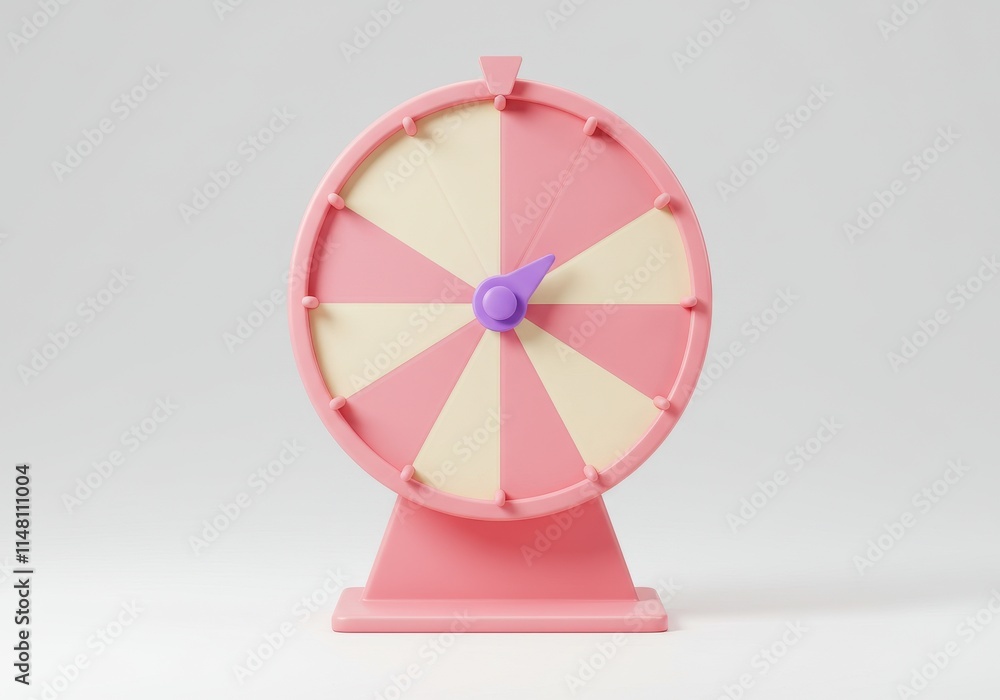 3D prize wheel with alternating pink and cream-colored segments and a small purple pointer at the center 3D prize wheel with alternating pink and cream-colored segments and a small purple pointer at the center