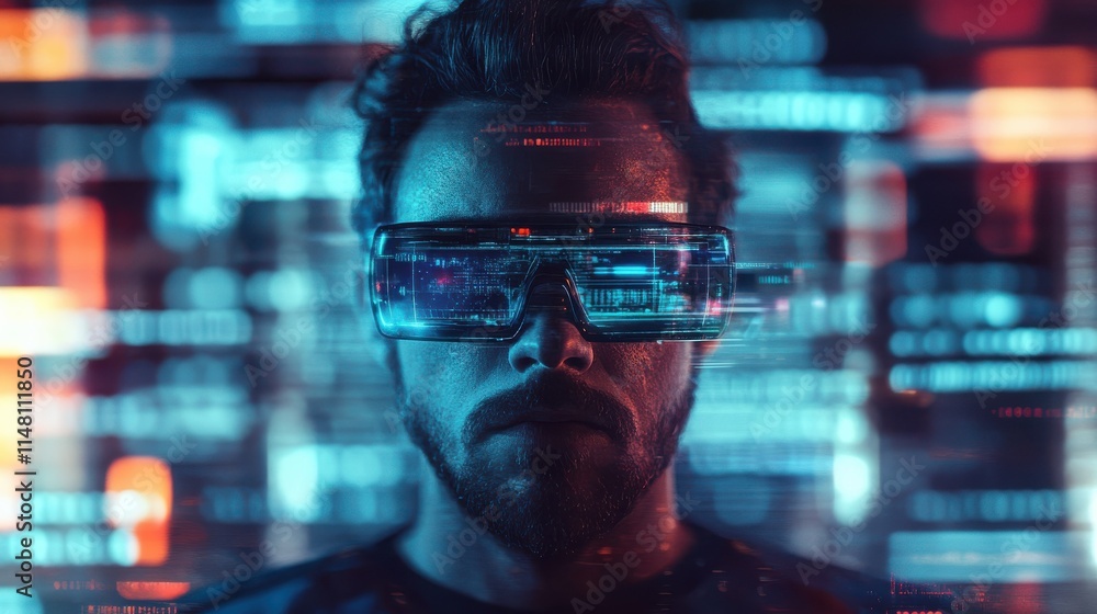cyberspace, augmented reality, technology and people - man in 3d glasses with virtual screens over glitch effect cyberspace, augmented reality, technology and people - man in 3d glasses with virtual screens over glitch effect