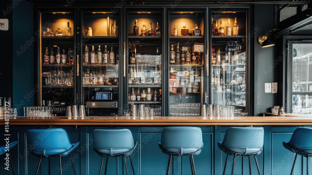 Modern Bar Interior with Shelves Full of Bottled Spirits and Glasses Modern Bar Interior with Shelves Full of Bottled Spirits and Glasses