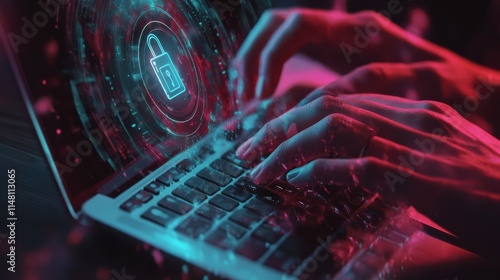 Encircled keylock hologram icon with hands typing on the laptop keyboard, data safety and cybersecurity concept, double exposure photo