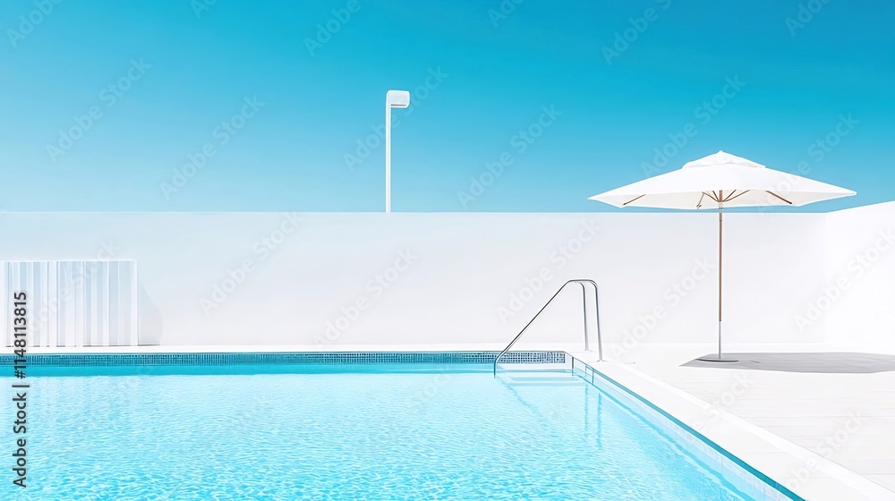 Minimalist poolside scene with a white umbrella, clear blue water, and a bright sky. Minimalist poolside scene with a white umbrella, clear blue water, and a bright sky.